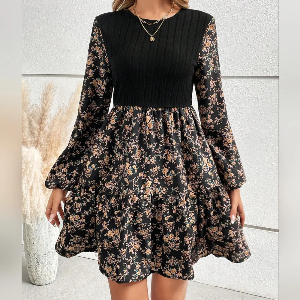 Floral Print Lantern Sleeve Ruffle Hem Dress - Picture 5 of 5